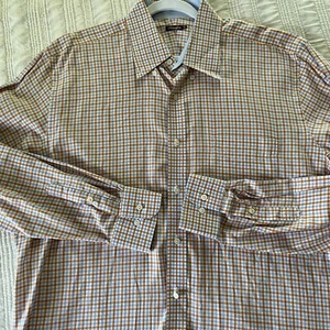 J McLaughlin Orange Blue Checked Plaid Longsleeved Buttondown XL Collared Shirt - Picture 1 of 5