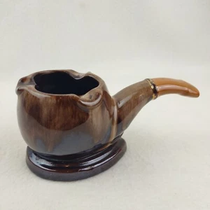 Vintage 1970s Pottery Ashtray Planter Grandpa Smoking Pipe Figurine Gold Band - Picture 1 of 10