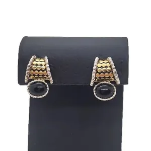 Premier Designs Clip On Huggie Earrings Gold Silver Tone Black Glass Stone - Picture 1 of 6