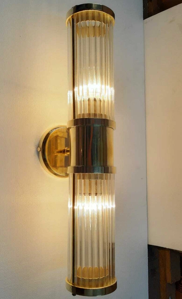 Antique Old Vintage Art Deco Brass & Glass Rod Ship Light Wall Sconces Lamp - Image 1 of 4