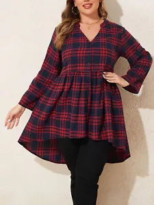 Plus Size Womens Button V Neck Long Sleeve Check Plaid Casual Loose Swing Tops - Picture 1 of 14