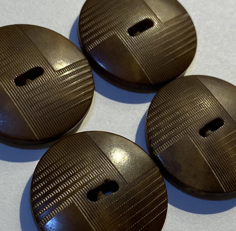 Set Of 4 Antique Vegetable Ivory Buttons 7/8” 24mm Embossed Deco Pattern Brown Cover