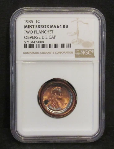 1985 Lincoln Cent Two Planchet Bonded Obv Die Cap NGC MS 64 RB Mint Error Cover