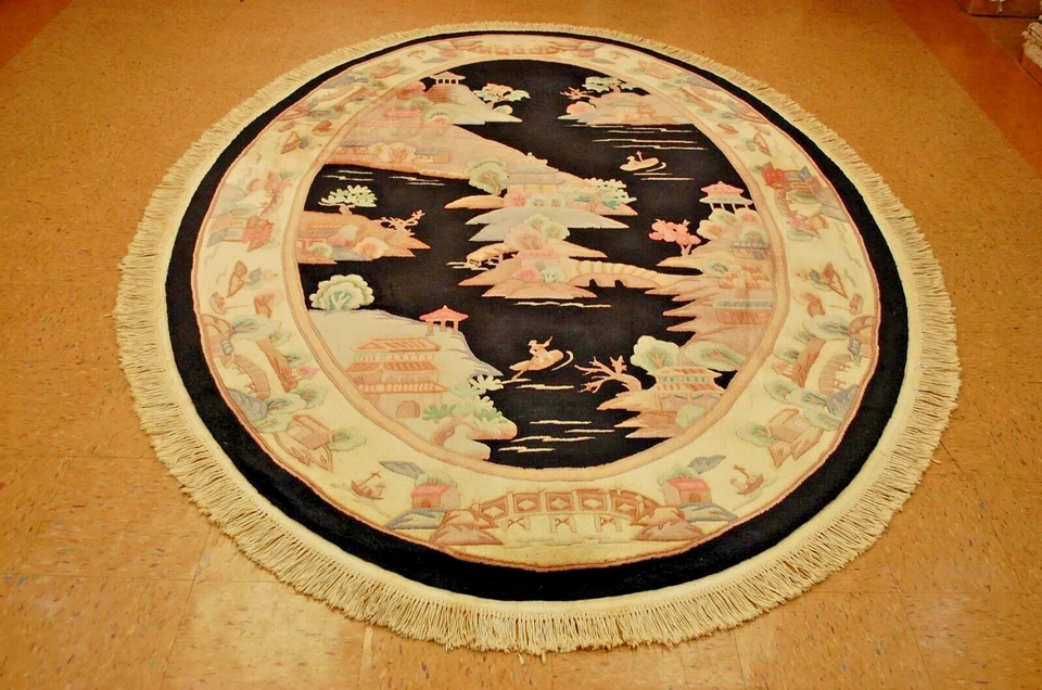 c1970's MINT ART DECO CHINESE OVAL RUG 6'x9" SCENERY DESIGN_COMFORTING SOFT WOOL - Image 1 of 4