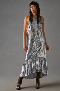 NWT ANTHROPOLOGIE MAEVE ONE SHOULDER SEQUIN MAXI STATEMENT DRESS SILVER 1X PLUS - Picture 1 of 11