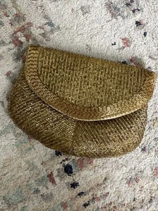 La Regale Vintage Gold Beaded Lotus Flower Clutch Purse- 8 in x 6 in. Pre Owned - Picture 1 of 10