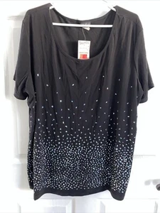 Top manga corta talla grande adornado Mds California, negro, 3X, nuevo con etiquetas - Imagen 1 de 10