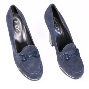 Tod’s Pumps Navy Blue Suede Loafer Block Heels Size EU 38 / US 8 - Picture 1 of 8