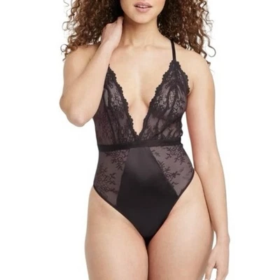 NEW AUDEN Black Lingerie Sheer Lace Contrast Thong Bodysuit Large Adjustable - Image 1 of 4