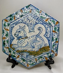 VTG Handmade Fortunata Hexagonal Redware Tile With Spotted Dog (?) Design, Italy - Picture 1 of 9