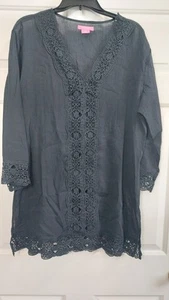 Isaac Mizrahi Womens Medium Daisy Black Lace Long Sleeve Swim Cover Up Top - Picture 1 of 8