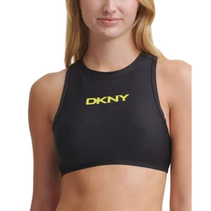 DKNY Women's Racerback Zip Closure Front Logo Bikini Swim Top, Black, Sz L - Picture 1 of 3