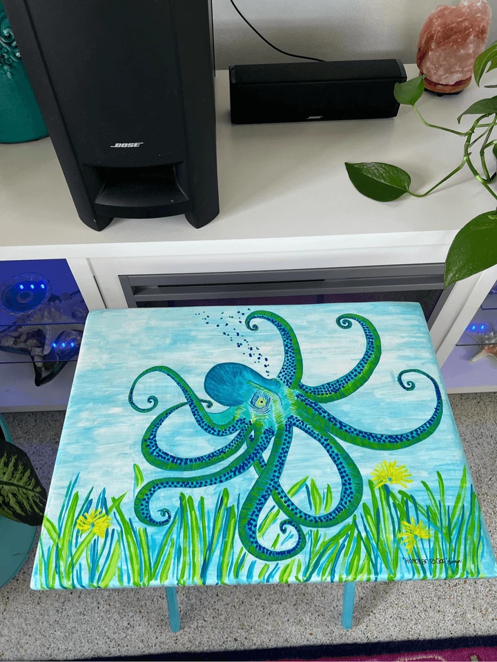 Octopus Tray Table Hand Painted Coastal Vintage Rare Wood Original-L19” W14” - Image 1 of 4