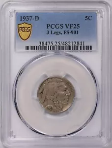 1937 D 5c Buffalo Nickel 3 Legs Legged PCGS VF Very Fine 25 - Picture 1 of 2