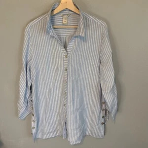 John Mark Tunic Women L 100% Linen Wire Collar Blue Stripes Button Accents Beach - Picture 1 of 17