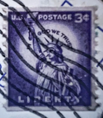 RARE 3 CENT LIBERTY US POSTAGE STAMP USED PURPLE LADY STATUE OF LIBERTY - Image 1 of 4