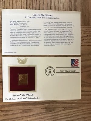 UNITED WE STAND FLAG STAMP 22k GOLD REPLICA OCT 24 2001 FDC 9/11/2001 Gift Idea - Image 1 of 4