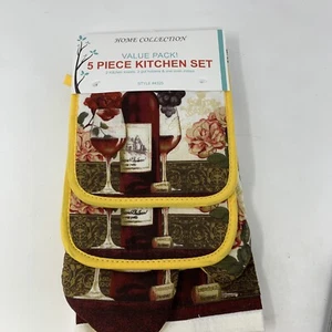 Wine Yellow Kitchen Towel 5 Piece Linen Set 2 Towels 2 Pot Holders 1 Oven Mitt - Picture 1 of 5