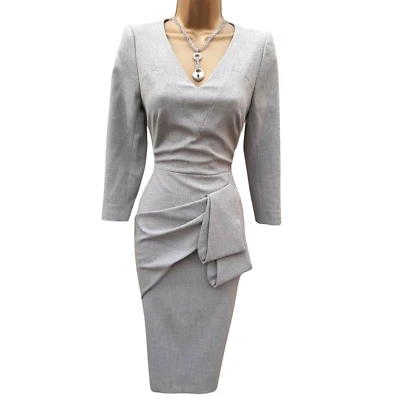 KAREN MILLEN Original 10 UK Grey Tailored Folded Bow Plunge Pencil Dress - Image 1 of 4