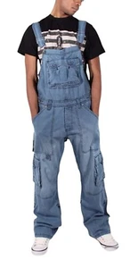 Peviani Men's Loose Fit Denim Dungarees Overalls Stone Wash Blue, Cargo Workwear - Picture 1 of 4