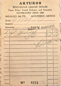 ARTUROS Wholesale Liquor Dealer 1950 Invoice Mexico Perfumes Souvenirs Silver - Picture 1 of 2