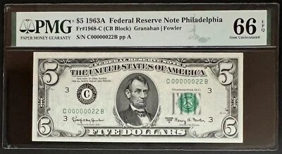 NQC Fr 1968-C 1963A $5 Low Serial Note - PMG Gem Unc 66 EPQ - Image 1 of 2