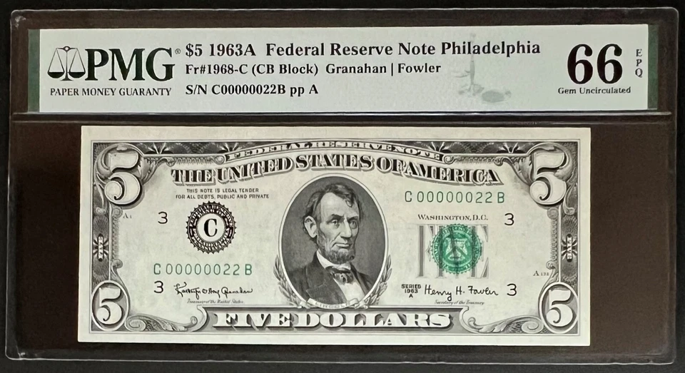 NQC Fr 1968-C 1963A $5 Low Serial Note - PMG Gem Unc 66 EPQ - Image 1 of 2