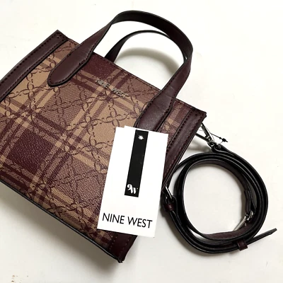NWT Nine West Plaid Mini Tote Bag Crossbody Purse w/ Strap Tartan Brown Satchel - Image 1 of 4
