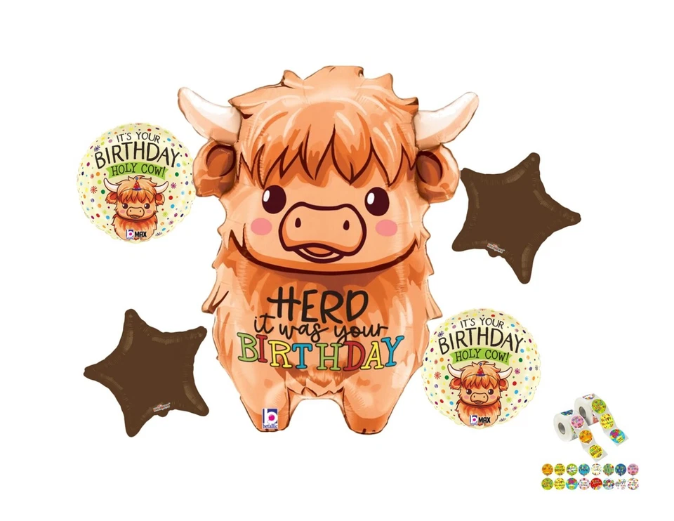 Highland Cow 5 Piece Balloon Bouquet Birthday Party Decorations Farm Animals - Image 1 of 1