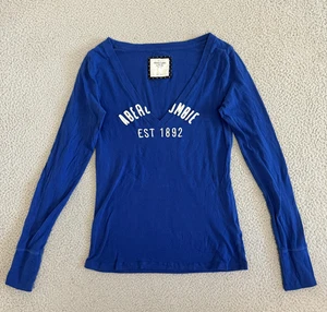 Y2K Abercrombie & Fitch Shirt Damen Large Blau Langarm V-Ausschnitt Grafik 1892 - Bild 1 von 7