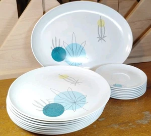 Vintage 1950er Brookpark Melmac Fantasy Türkis Joan Luntz MCM Platte + Teller + Sauce - Bild 1 von 24