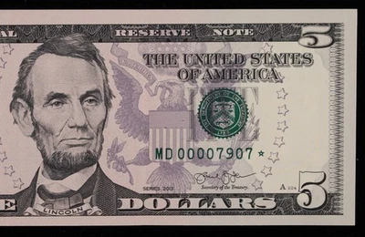 $5 2013 GEM CU Star Federal Reserve Note MD00007907* SINGLE RUN ISSUE 320K print - Image 1 of 3