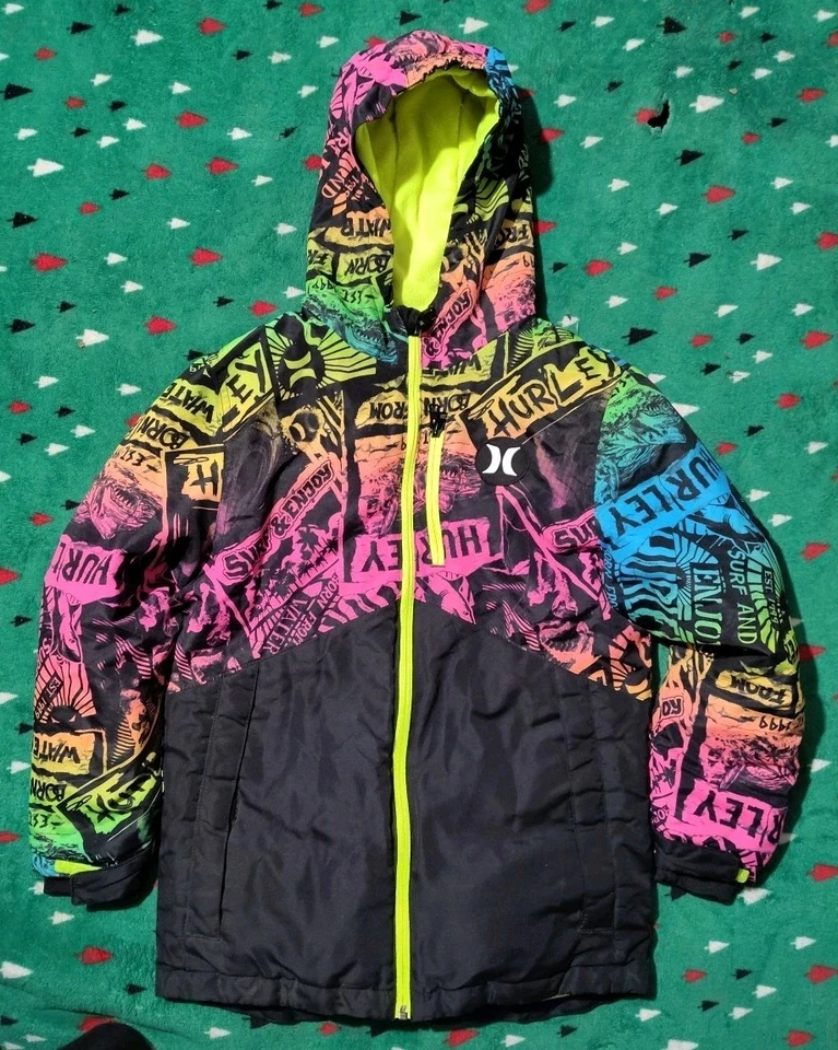 Abrigo Chaqueta Hurley Juvenil Graffiti Estampado Puffer Con Capucha NEGRO NEÓN TALLA 10/12 LEER Foto 1 de 4