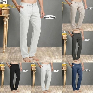 Pantalones diarios rectos de lino con bolsillo inclinado de color liso para hombre - Imagen 1 de 21