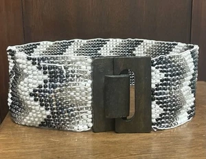 Womens Multi-color Bead Waist Belt Sz 26-30 Wood Buckle 3-1/8”Wide EUC - Picture 1 of 2