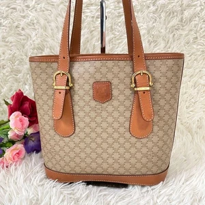 CELINE Vintage Macadam Pattern Tote Bag PVC Leather Shoulder Handbag Brown Gold - Picture 1 of 19