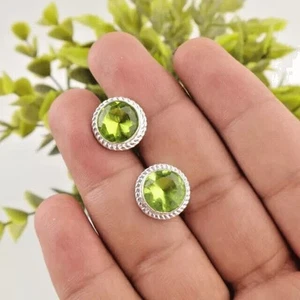 2Ct Round Cut Simulated Green Peridot Tiny Stud Earrings 14K White Gold Plated - Picture 1 of 5