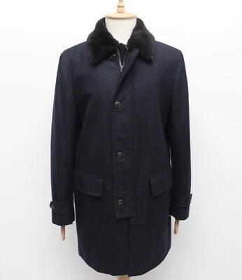Men's BRIONI Luxury Wool Long Navy Fur Collar Coat Overcoat Size Tag XXL fits XL - image 1 of 4