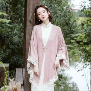 Women Elegant Ethnic Cape Cloak Coat Top Kimono Lace Retro V-neck Apricot Shirt - Picture 1 of 13