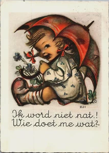 Linda chica firmada por artista B.H sentada bajo un paraguas postal vintage BP9 - Imagen 1 de 2