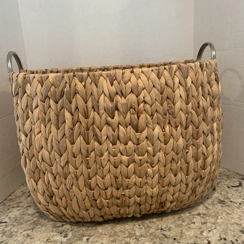 Tall Heavy Wicker Woven Oval Basket W Silver Metal Handles 18”x12”x13 Deep Cover