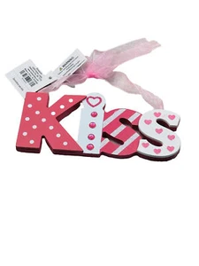 VALENTINE'S DAY HANGING ORNAMENT "KISS” Pink/White W RHINESTONES & GLITTER3x6” - Picture 1 of 3