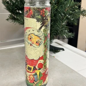 Like Vintage Christmas Sugar Frosted Glass Pillar Candle Nostalgic Santa Toys - Picture 1 of 7