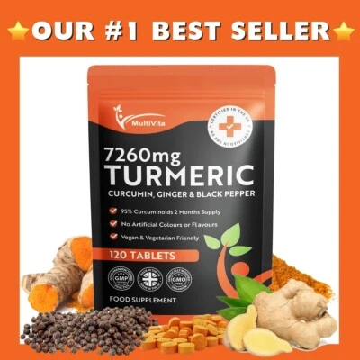 Turmeric Curcumin Tablets 7,260mg + Ginger + Black Pepper - 120 Tablets UK Made - Image 1 of 4
