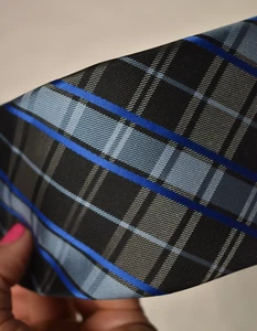 Men's Tie GIORGIO BRUTINI COLLECTION Hand Made 100% Silk BLACK BLUE Plaid - Picture 1 of 5