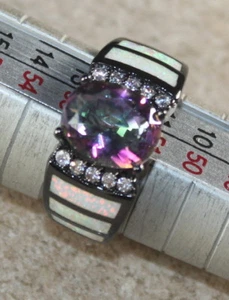 Anello ovale NERO ARGENTO elegante opale bianco fuoco e topazio arcobaleno misura 7, WR41802 - Foto 1 di 3