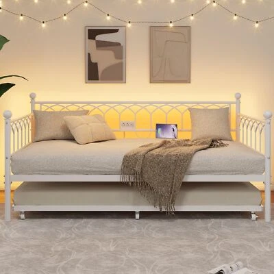 Twin Daybed w/Pull Out Trundle, Metal Sofa Bed Frame LED Light for Small Spaces - Image 1 of 4