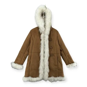 Nuevo con etiquetas Abrigo Donna Salyers Fabulous Furs Talla Pequeña Tostado Imitación Piel Gamuza Capucha - Imagen 1 de 10