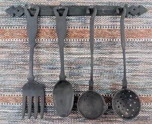 Vintage Set of Cast Iron Hanging Kitchen Utensils Fork Spoon Ladle Strainer - Picture 1 of 9