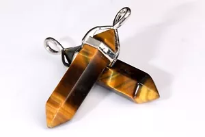 2 Pcs 39x8MM Yellow Tiger Eye Hexagonal Pointed Pendant AAA Silver Plated Cap - Picture 1 of 3